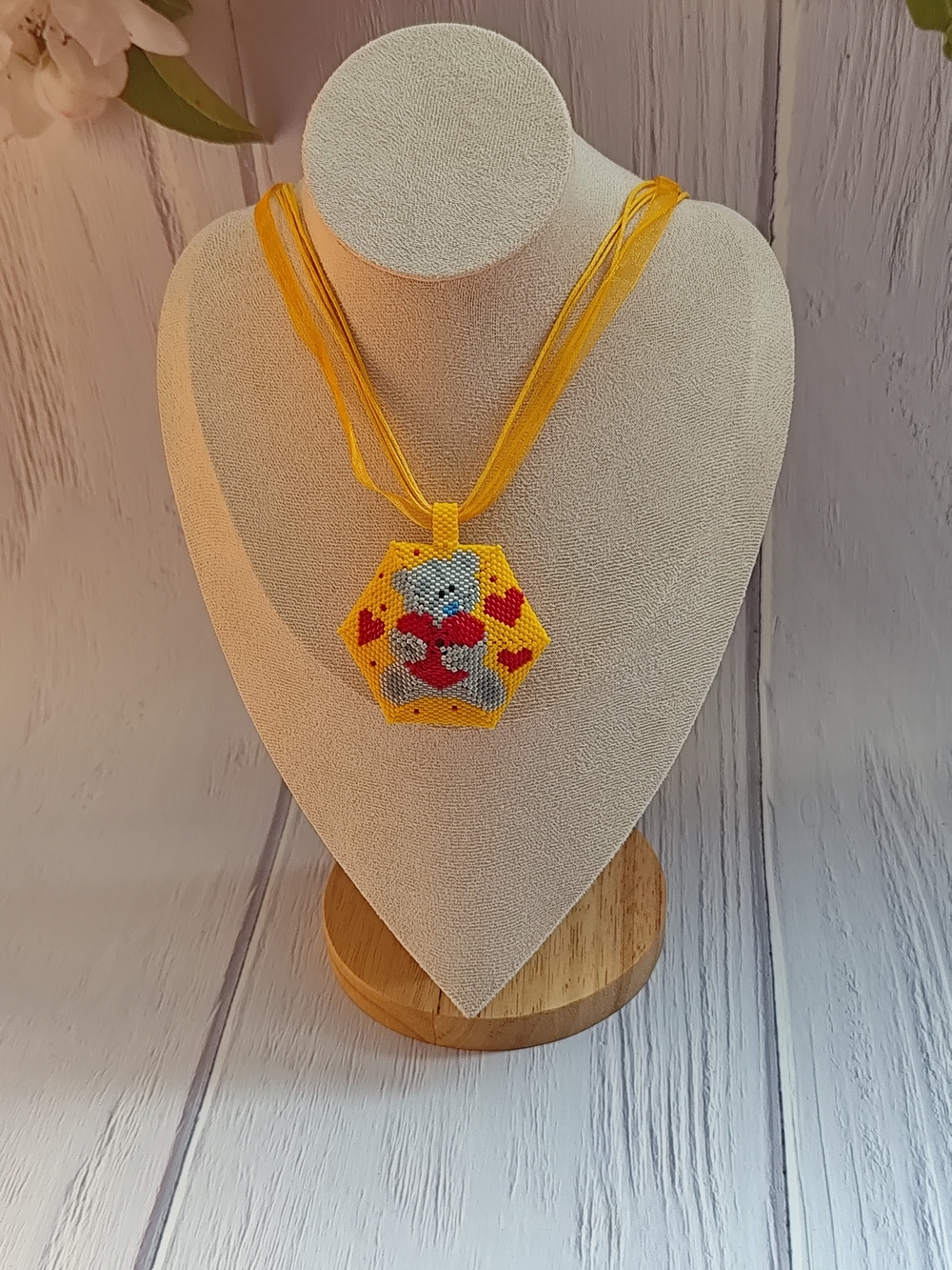 Handmade Beaded  Bear Pendant in Yellow & Red - Picture 9 of 13